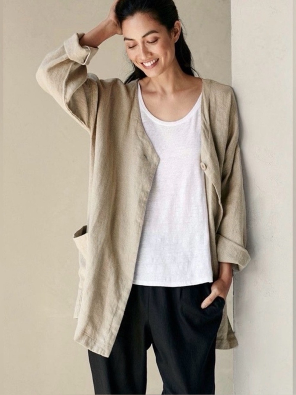 Eileen Fisher Unnatural Linen Hopsack V-neck Boxy Jacket Size Small